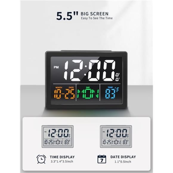 Digital Alarm Clock w 5.5" Big LED Time Display Adjustable Alarm Volume Calendar - Picture 4 of 7